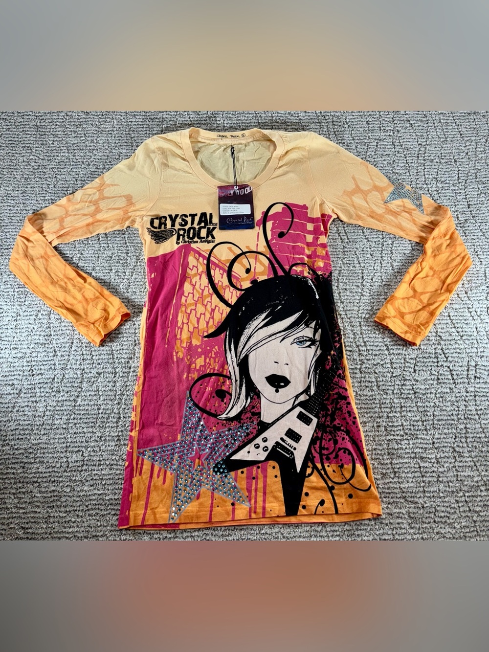 NEW Christian Audigier Women’s Size Large Orange‎ Crystal Rock Rocker Girl Shirt